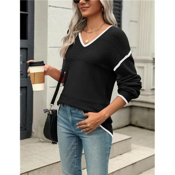 CARTIER SANTOS GALBEE 24mm Quartz Steel 2.19TCW Diamond Watch NEW Model GrayDial Crochet Detail V-Neck Sweater – Ribbed Knit Pullover with  main image 4
